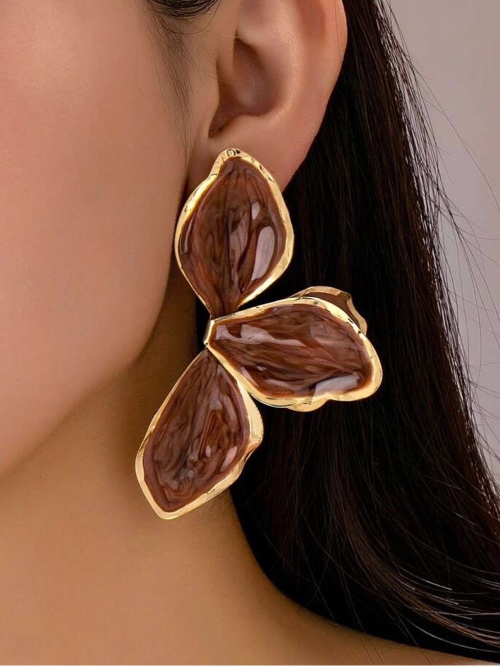 Gold-Trim Brown Petal Statement Earrings - Women Jewelry